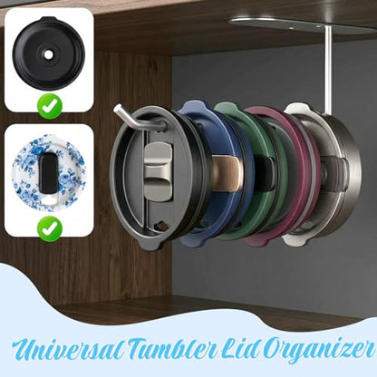 8 Pack Tumbler Lid Organizer, Under Cabinet Cup Lid Storage for Tumbler Lids, Space Saving Drilling Hook Rack for Kitchen Organizers and Storage Silver