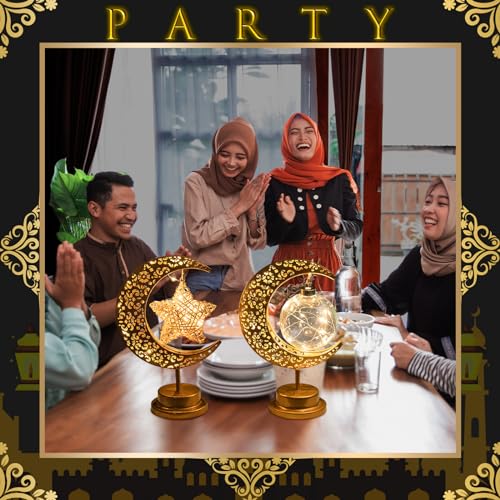 Tujoe 3 Pcs Ramadan Decorations for Home Rustic Moon Lamp Ramadan Star Moon Metal Lights Battery Operated LED Crescent Light Eid Decorations for Home Bedroom Table Ramadan Eid Mubarak Party Decor