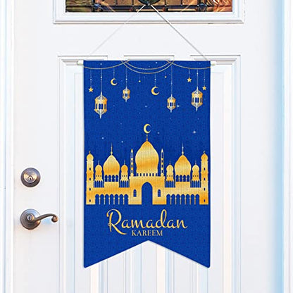 CNhoqc Ramadan Kareem Hanging Banner Welcome Door Sign Eid al-Fitr Moon Stars and Lamps Double-Sided Decorative Flag Islamic Mubarak Banner for Indoor Outdoor Eid Mubarak Party Supplies
