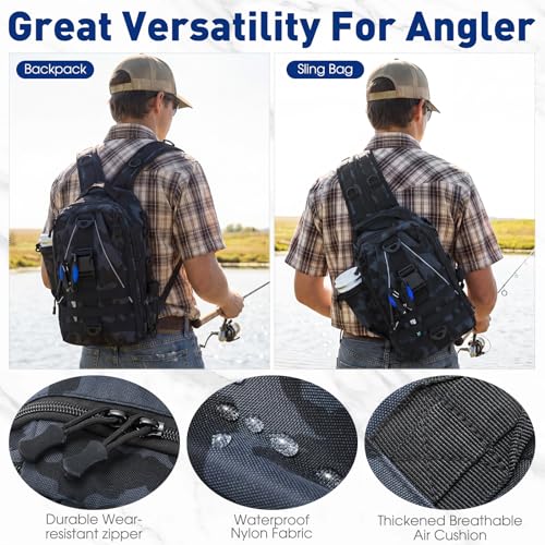 RoundFunny 256 Pcs Fishing Backpack with Tackle Box Gears, Tackle Sling Bag Backpack, Fishing Hook, Lures, Retractable Landing Net, Plier, Lip Gripper, Hook Remover, Fish Gift Men - color: Black Camouflage