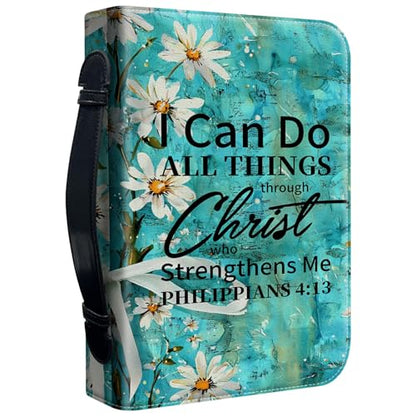 Bible Cover Case for Women, PU Leather Large Bible Cases with Zipper Fits Books Up to 12" x 9" x 2.76”, Bible Carrying Bag for Men, Daisy Wood Bible - color: Daisy Wood Bible
