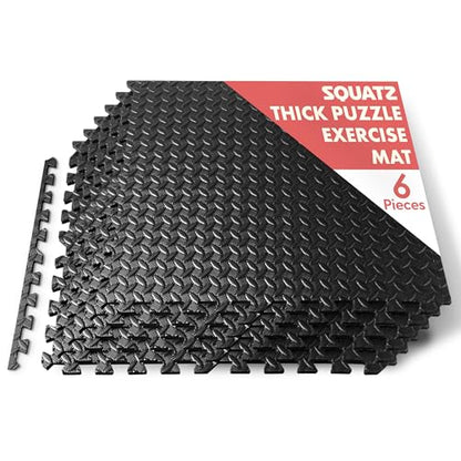 SQUATZ 6-Piece Puzzle Exercise Mat Tiles, EVA Foam Interlocking Black Gym Floor Tiles for Home Workout, Thick Protective Cushion for Equipment, Water Resistant, Reduces Noise, Easy Clean, 24"x24" each