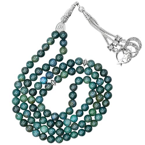 Amazing Gemstone Moss Agate Tasbeeh with Moon and Star Charm - Certified Crystal Muslim Prayer Beads Natural Gemstone Tasbih Gift for Ramadan Dhikr and Daily Namaz (S) - color: Moss Agate