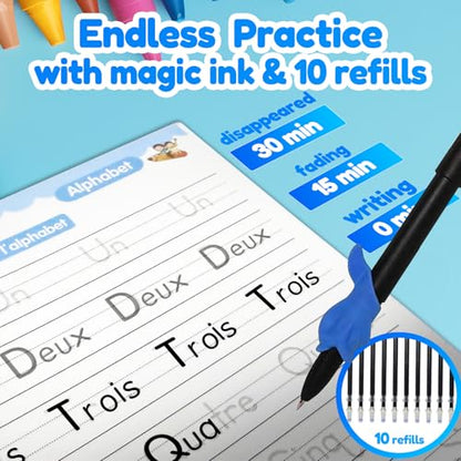 4 Magic Tracing Practice Books – Grooved Handwriting French Copybooks for Kids, Reusable Writing Practice Workbooks Without Tears, Disappearing Ink for Toddlers Preschool Learn (French) - color: French
