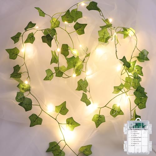 4 Pack Vines with Lights Battery Operated, 6.56ft 20 LED Vines with Fairy Light, Leaf Lights with 8 Modes, Fake Vines Ivy String Lights for Bedroom, Wall, Room, Garden, Party Decor - color: Green Ivy, size: 4 PACK x 6.56 FT