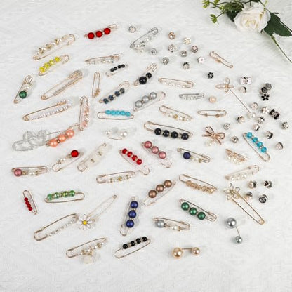 110 PCS Pearl Brooch Sock Charms Pins for Women Gold Rhinestone Junk Sock Charms Pins Sock Accessories Pant Waist Tightener for Women Hat Sweater Shirt Pant - color: Gold