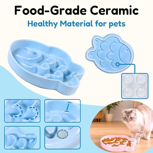 2 Pcs Ceramic Cat Slow Feeder Bowl - Shallow Whisker Friendly Cat Plate for Dry and Wet Food - Puzzle Feeder for Slow Eating - Helps Reduce Vomiting - Microwave & Dishwasher Safe-Non Slip(Blue + Pink) - color: Blue + Pink