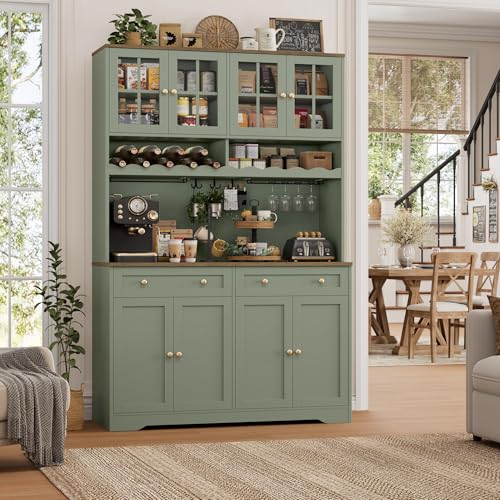 HOSTACK 75" Kitchen Pantry Storage Cabinet, Coffee Bar Hutch Cabinet, Green | Tall Pantry Cabinet with Charging Station / Wide Countertop / Glass Doors / Wine Rack / Cup Holder / Drawers, Dining Room - color: Green