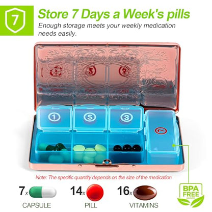 Pill Organizer with 3 Compartments 7 Day Metal Pill Box for Fish Oil/Food Supplements Travel Pill Box. (Rectangle-Pink, Large Rectangle) - color: Rectangle-pink