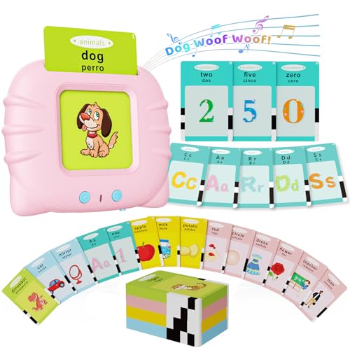 Aullsaty Toddler Toys Bilingual English and Spanish Talking Flash Cards for 1 2 3 4 5 6 Year Old Boys and Girls, Autism Sensory Toys for Autistic Children, Learning Educational Speech 250 Sight Words - color: Pink