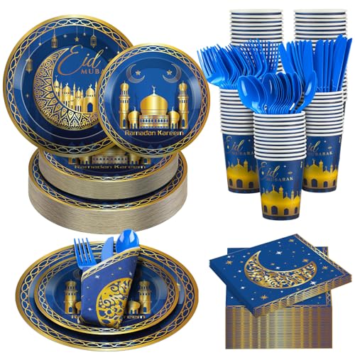 FillTouch 168 Pcs Eid Mubarak Party Goods Supplies Decorations for 24 Guests, Include Ramadan Mubarak Paper Plates Cups Napkins Plastic Knives Forks Spoons Tableware Set for Ramadan Family Party