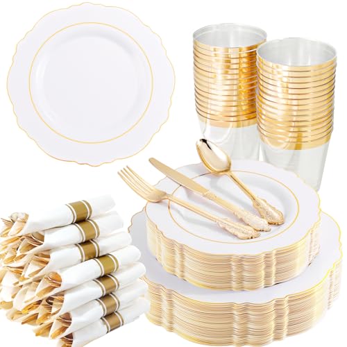Liacere 350PCS Gold Plastic Plates-Disposable White and Gold Plates 50guest Baroque Plastic Dinnerware include 100Plates, 50Pack Pre Rolled Napkins with Silverware 50Cups for Wedding & Party - color: Gold