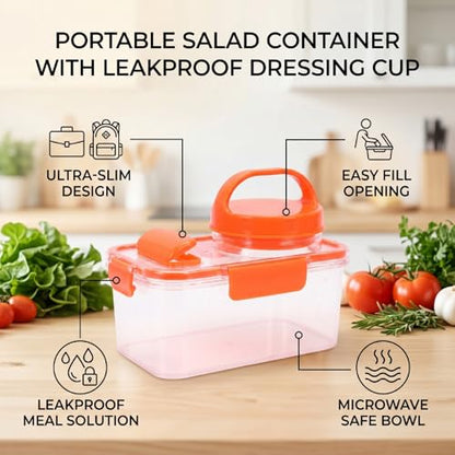 Fockety Salad Container, Portable Leakproof Salad Podd, On the Go Microwave Safe Lunch Box with Dressing Container and Reusable Fork for Office, Work, Travel and Picnic (Orange)