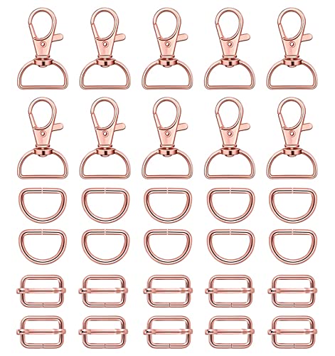 WAFJAMF Metal Snap Hook Ring Bulk 30 Pcs, Swivel Clasp Buckle and Non-Welded D Ring 10 Pcs, Adjustable Rectangular Buckle (1' Inside Width Rose Gold) - color: Rosegold, size: 1” Inside Width