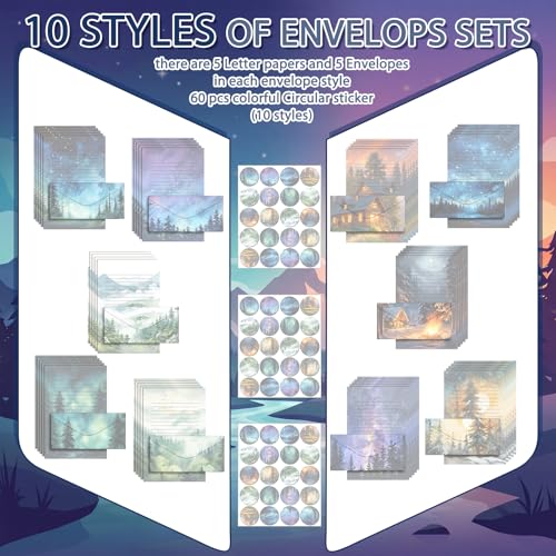 TaoBary 160 Pcs Stationery Paper Kit 50 Double Sided Stationery Papers with 50 Matching Envelopes and 60 Round Dot Sticker, 10 Design(whimsical Watercolor Illustration Starry Night, 8.5 x 11 Inch) - size: 8.5 x 11 Inch, style: Whimsical Watercolor Illustr