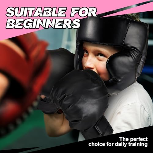 Kanayu 12 Pcs Kids Boxing Equipment Set for Beginners Ages 6-18 Years Including Boxing Helmet and Gloves Hand Wraps Sport Mouthguards Taekwondo Sparring Gear for Kids and Children - color: Black, Pink