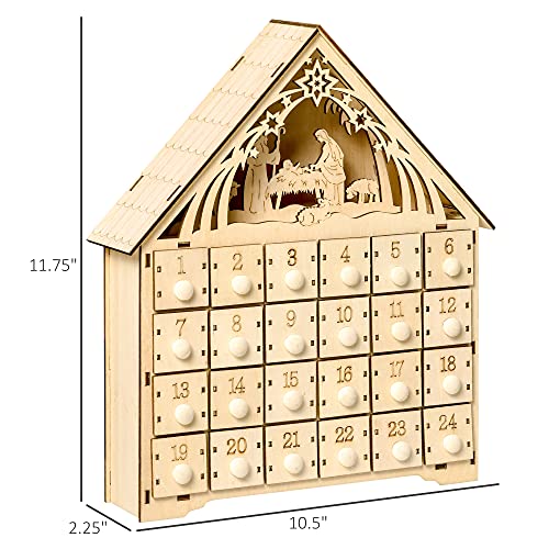 HOMCOM Christmas Advent Calendar, Light Up Manger Scene Tabletop Xmas Wooden House Holiday Decoration with Countdown Drawer, Bible Characters, for kids Adults