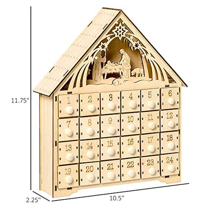 HOMCOM Christmas Advent Calendar, Light Up Manger Scene Tabletop Xmas Wooden House Holiday Decoration with Countdown Drawer, Bible Characters, for kids Adults
