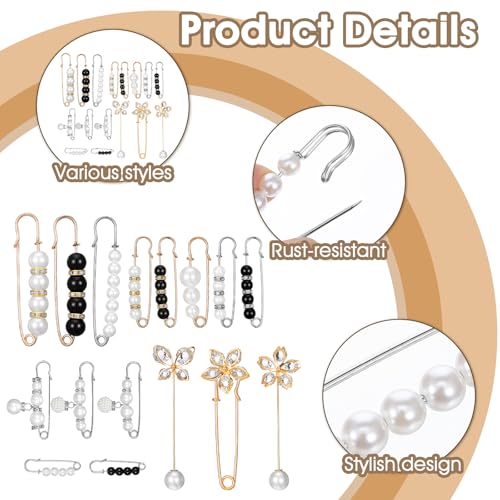 16 Pcs Pearl Brooch Pins Set, Decorative Safety Pin Pant Waist Tightener Pins for Clothes Sweater Shawl Hat Clips White Collar Clips for Cardigan Dress Sweater - style: Rhinestone Style