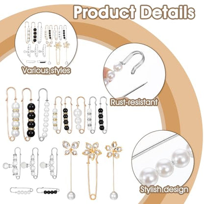 16 Pcs Pearl Brooch Pins Set, Decorative Safety Pin Pant Waist Tightener Pins for Clothes Sweater Shawl Hat Clips White Collar Clips for Cardigan Dress Sweater - style: Rhinestone Style