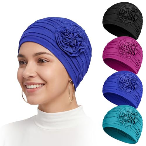 JenPen 4 Pcs Cotton Chemo Headwear for Women Turban Soft Cancer Head Scarf Hats Beanie Elastic Hair Wraps - color: Purple, Turquoise, Blue, Black
