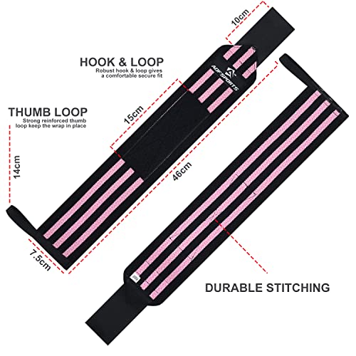 AQF Wrist Wraps for Weightlifting & Powerlifting, 18" USPA Approved (Pair) - color: Pink & Back