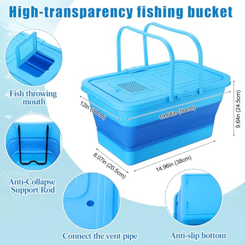 Geetery Live Bait Bucket with Solar Aerator, 20l Foldable Fishing Bucket, Portable Quiet Oxygen Pump, Collapsible Minnow Tank for Outdoor Fishing