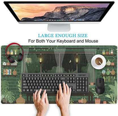 Cute Rainy Night Desk Mat Green Plants Desk Pad, Anime Black Cat Kawaii Large Gaming Mouse Pad, Moonlight Fireflies Deskmat Aesthetic Mousepad XXL, Laptop Keyboard Pad for Women Desk 31.5"x15.75" - color: Dark Green Leaves