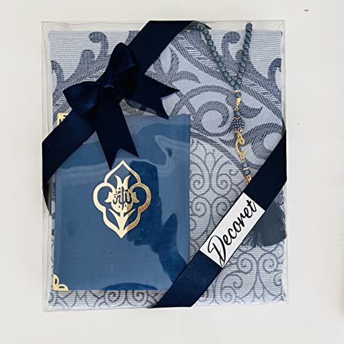 Decoret Prayer Rug (Navy Blue, 1 Sets) with Yaseen Surah Pocket-Size Book & Prayer Beads Set, Perfect Islamic Gift - color: Navy Blue, size: 1 Sets