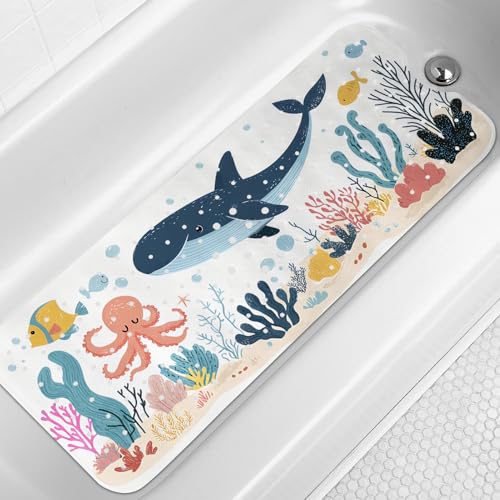 LNOND Bath Mat for Tub for Kids, Toddler Bathtub mat Non Slip, Whales and Coral Kids Bath Mats for Bathroom Non Slip with Drain Holes and Suction Cups,Machine Washable (40 X 16 Inch) - color: Ocean Seabed World
