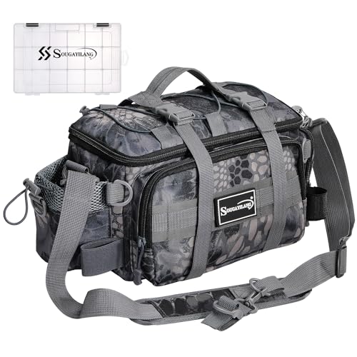 Sougayilang Fishing Tackle Bags with 3600 Tackle Tray - Fishing Tackle Storage Bags for Saltwater or Freshwater Fishing Gear - Padded Shoulder Strap - Tackle Box Bag Fishing Bag(Grey) - color: Grey with a 3600 Tackle Tray