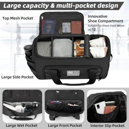 ZOMFELT Tactical Gym Bags for Men, 22x14x9 Carry On Luggage Duffle Bag for Travel, 3-in-1 Sports Basketball Soccer Bag with Removable Dividers & Shoe Compartment, Weekender Overnight Travel bag, Black - size: Medium