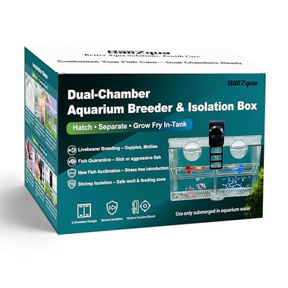 Dual-Chamber Aquarium Fish Breeder & Isolation Box, Transparent Hatching Incubator Tank with Suction Cups & Hook, Nursery for Livebearer Guppy Fry Breeding and Betta Fish, Shrimp Quarantine - size: Dual-Chamber (6.88*3.62*4.33 IN)