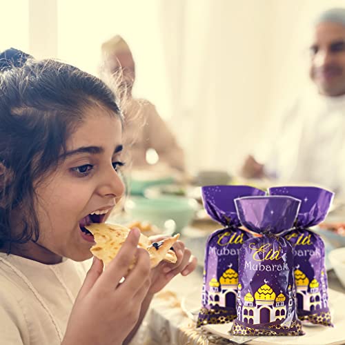 Blulu 100 Pcs Eid Mubarak Party Treat Bags, Ramadan Theme Printed Pattern Gift Cellophane Clear Plastic Goodie Favor Bags with Silver Twist Ties for Eid Mubarak Party (Purple Gold)