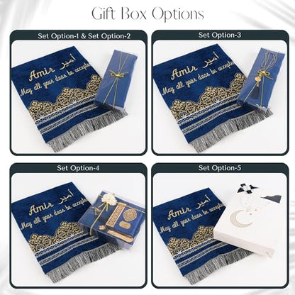IEF Personalized Prayer Rug Prayer Beads Quran Islamic Gift Set, Ramadan Eid Hajj Umrah Wedding Birthday Mother's Day Father's Day Valentine's Day Gifts (Navy Blue) - color: Navy Blue