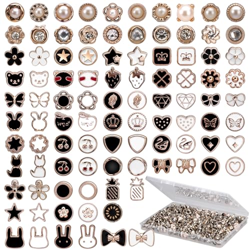194pcs Pearl Brooch Buttons, No Sew Instant Removable Reusable Cover Up Buttons Pins, Rhinestone Brooch Pins for Women Fashion, Replacement Safety Button for Pant Waist Shirt Dress Sweaters Coat Shawl