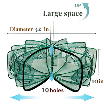 32in x 10in Folded Fishing Bait Trap, 10 Holes 10 Sides Foldable Fishing Nets for Fish/Crab/Shrimp/Crawdad, Upgrade Large Space,Bait Bag/Bait Box/Rope/Storage Bag