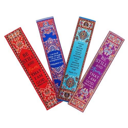 Be Still & Trust in the Lord, Themed Assortment of 4 Woven Fabric Bible Verse Bookmarks, Silky Soft & Flexible Religious Bookmarkers for Novels Books & Bibles, Woven Design, Memory Verse Gift - color: Be Still & Trust in the Lord
