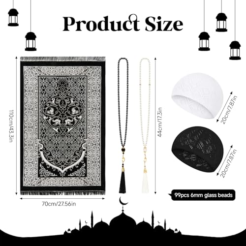 Kufi 모자 및 Tasbih 99개의 비즈가 있는 무슬림 기도 매트 세트, 휴대용 이슬람 기도 러그 여행용 접이식 사자다, 통기성 있는 타키야 모자, 라마단 이드 이슬람 선물 남성 여성용