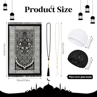 Kufi 모자 및 Tasbih 99개의 비즈가 있는 무슬림 기도 매트 세트, 휴대용 이슬람 기도 러그 여행용 접이식 사자다, 통기성 있는 타키야 모자, 라마단 이드 이슬람 선물 남성 여성용
