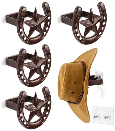 Cowboy Hat Hanger Wall Mount, 4 Pack Cowboy Hat Rack with Adhesive Pad, Metal Horseshoe Hook, Horseshoe Decor, Western Hat Hook for Wall, Hat Holder for Entryway Closet, Bridle Hook for Tack Room - color: Antique Bronze, size: 4 Pack-with adhesive strips