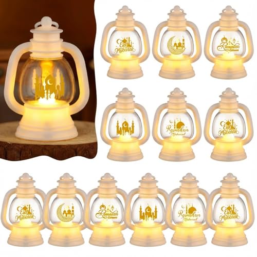ROCEEI 12 Pcs Ramadan Eid Lantern Mini White Lanterns Decorative with LED Candles Small Eid Mubarak Decor Vintage Hanging Lantern Lights for Home Table Centerpiece Party Gift - color: White
