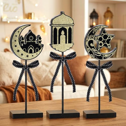 cnomg Eid Mubarak Decorations Wooden Table Centerpiece Ramadan Wooden Tabletop Signs for Tiered Tray Mantel Party Decor