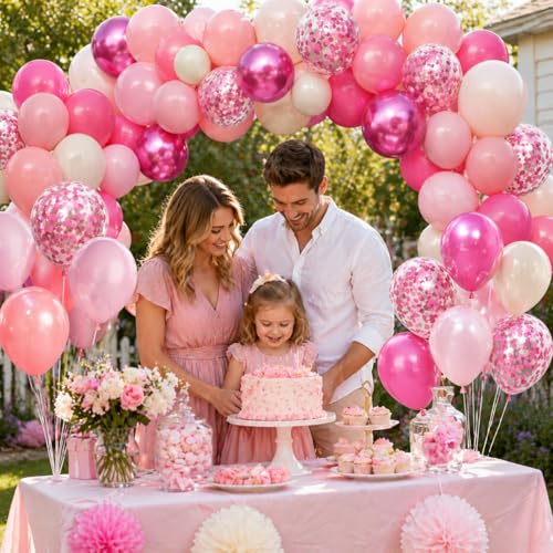 Shades of Pink Balloons 12 Inch, Hot Pearl Light Pastel Baby Dark Bright Pink Sand Latex Balloons with Metallic Magenta Pink Confetti Balloon for Princess Theme Birthday Wedding Bridal Shower Party - color: Magenta Pink
