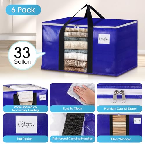 BlissTotes 6 Pack Moving Bags with Clear Window, Storage Bags with Strong Carrying Handles & Zippers,Large Packing Bags for Saving Space, Alternative to Moving Boxes(Blue,33 Gallon)