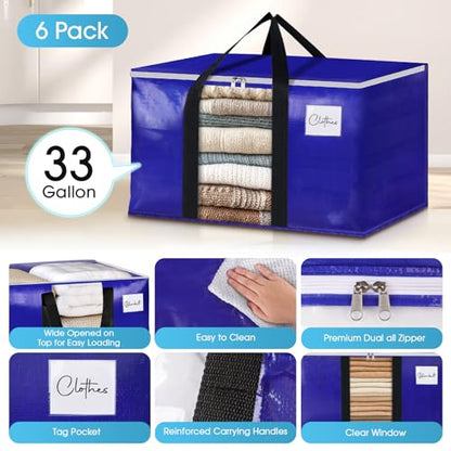 BlissTotes 6 Pack Moving Bags with Clear Window, Storage Bags with Strong Carrying Handles & Zippers,Large Packing Bags for Saving Space, Alternative to Moving Boxes(Blue,33 Gallon)