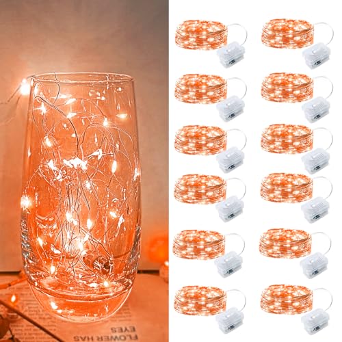 Orange Led Fairy Lights Battery Operated for Halloween, 12 Pack LED Mini String Lights, 7FT 20LED Silver Wire Firefly Starry Moon Light for DIY Fairy String Light Indoor for Halloween Party Decor - color: Orange