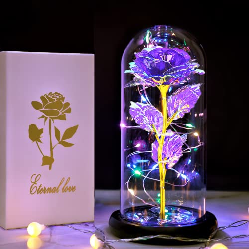 Fvawe Birthday Gifts for Women,Rose Glass Flowers Gifts for Mom,Galaxy Crystal Light Up Rose in A Glass Dome,Presents Girlfriend Wife Sister Grandma Her Anniversary Valentines Mothers Day, Purple - color: Purple Colorful