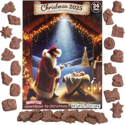 Nativity Advent Calendar, Santa Kneeling Chocolatey Christmas Countdown 24 Days, 2.4 Ounces