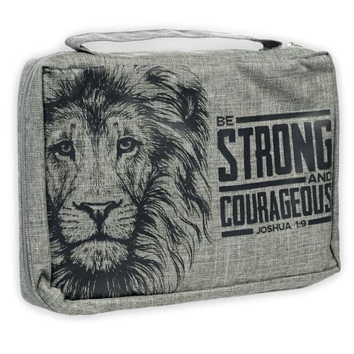 Christian Art Gifts Value Poly-Canvas Bible Cover for Men & Women: Strong & Courageous Bold Lion - Joshua 1:9 Inspirational Scripture with Pocket, Sleeves, Pen Loops, Gray, Medium - color: Gray/Be Strong, size: Medium
